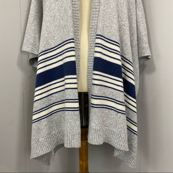 GAP Gray Wool Camel Blend Open Striped Sweater Poncho Heater Gray, White Navy - Picture 7 of 15